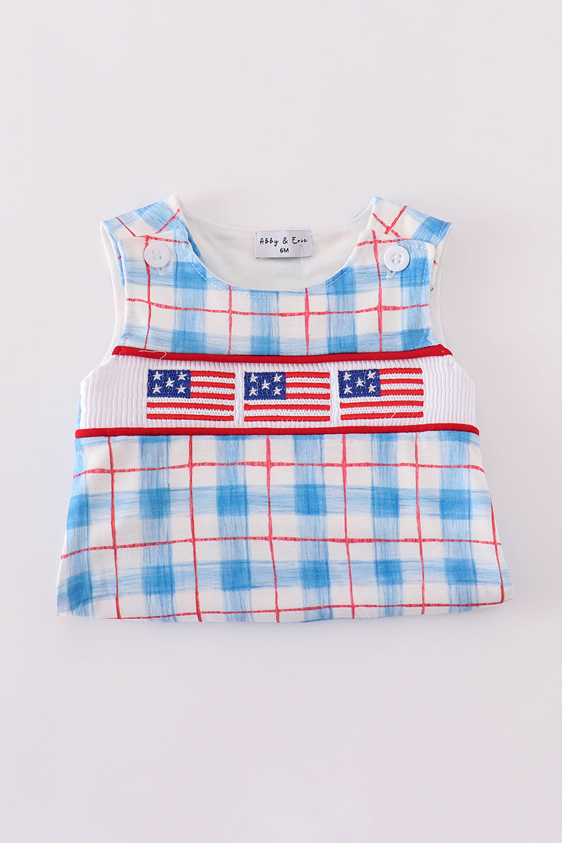 A charming plaid bubble romper with flag embroidery, perfect for festive occasions.
