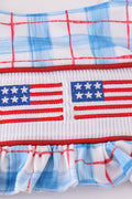 Two-piece swimsuit with flag embroidery, smocked plaid design, and UPF50+ protection.