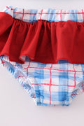 Two-piece swimsuit with flag embroidery, smocked plaid design, and UPF50+ protection.