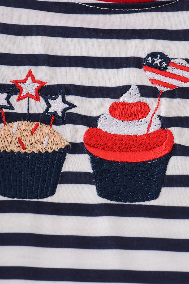 Children's blue striped top with cute cake embroidery, perfect for playful outings.