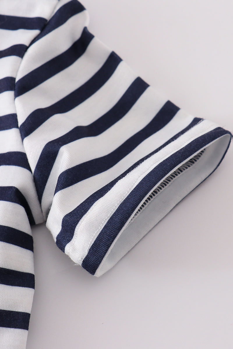 Children's blue striped top with cute cake embroidery, perfect for playful outings.