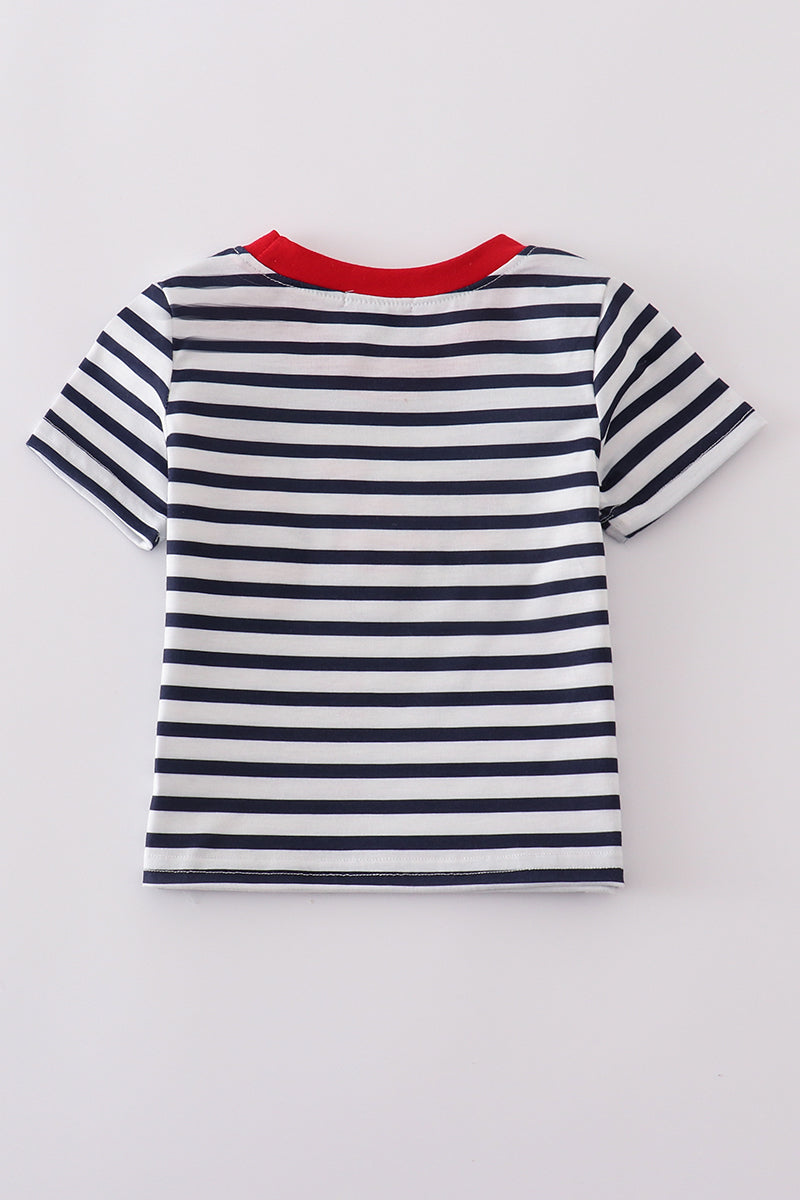 Children's blue striped top with cute cake embroidery, perfect for playful outings.