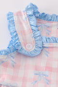 Pink plaid bow print gingham dress with flutter sleeves, perfect for spring outings.