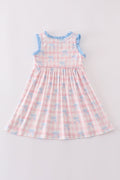 Pink plaid bow print gingham dress with flutter sleeves, perfect for spring outings.