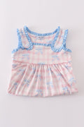 Pink plaid bow print gingham dress with flutter sleeves, perfect for spring outings.