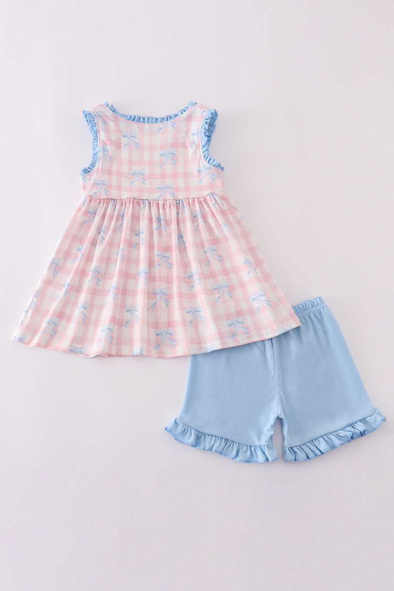 Pink plaid gingham shorts set with bow print, perfect for playful outings.