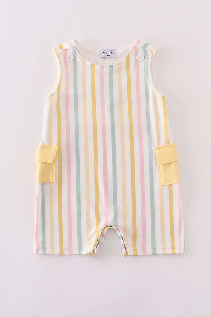 Colorful jonjon with rainbow stripes and a cute front pocket, perfect for playtime.