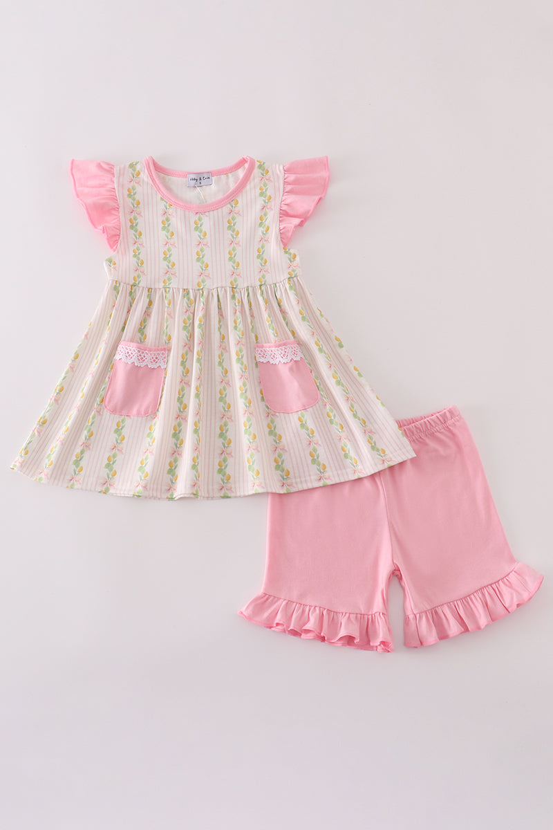 Pink lemon print shorts set with bow and ruffle details, perfect for summer.