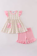 Pink lemon print shorts set with bow and ruffle details, perfect for summer.