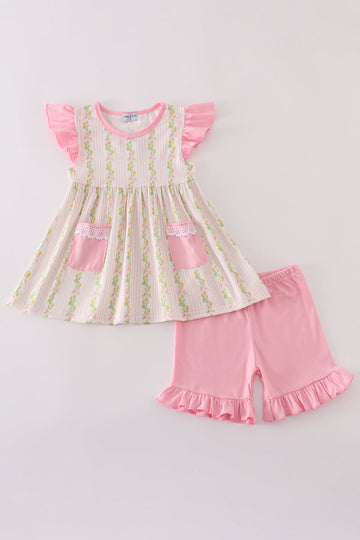 Pink lemon print shorts set with bow and ruffle details, perfect for summer.