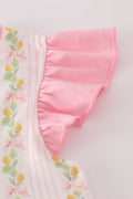 Pink lemon print shorts set with bow and ruffle details, perfect for summer.