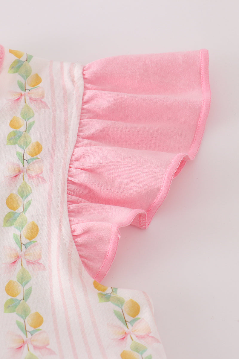 Pink lemon print shorts set with bow and ruffle details, perfect for summer.