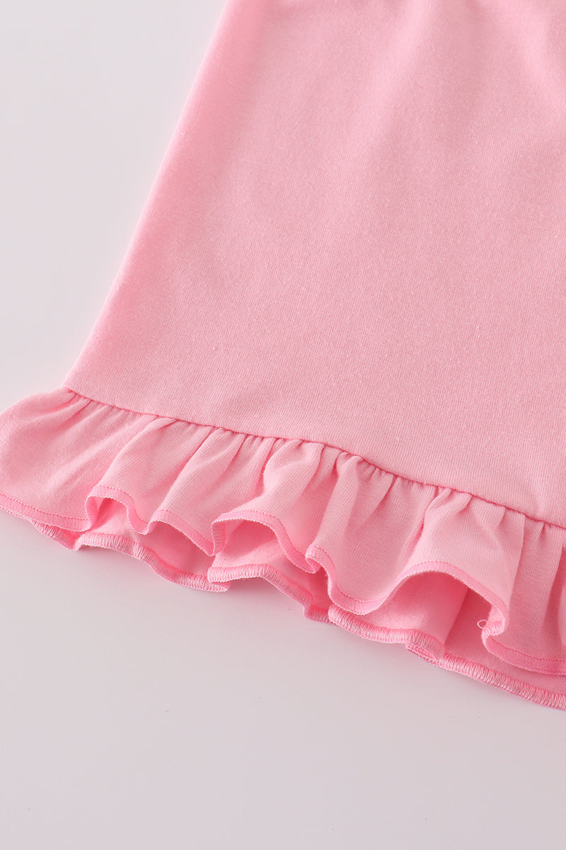 Pink lemon print shorts set with bow and ruffle details, perfect for summer.