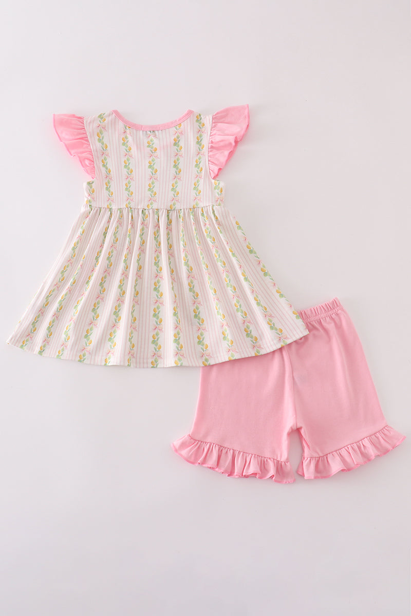 Pink lemon print shorts set with bow and ruffle details, perfect for summer.