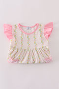 Pink lemon print shorts set with bow and ruffle details, perfect for summer.