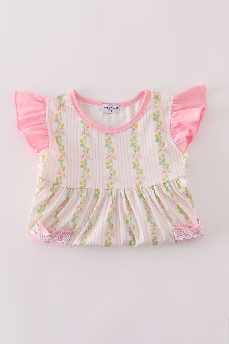 Pink lemon print shorts set with bow and ruffle details, perfect for summer.