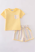 Bright and cheerful rainbow stripe shorts set, perfect for playful summer days.