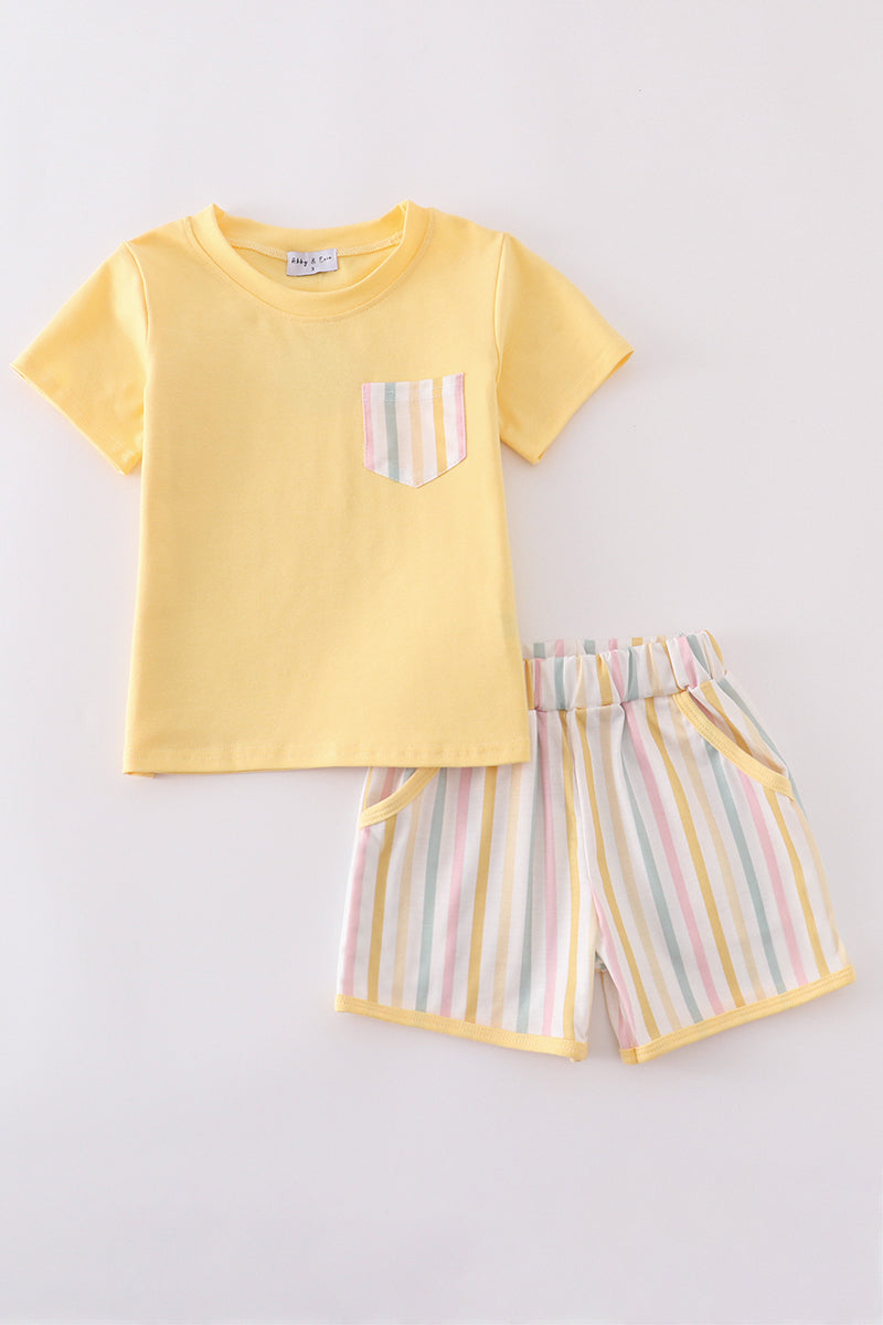 Bright and cheerful rainbow stripe shorts set, perfect for playful summer days.