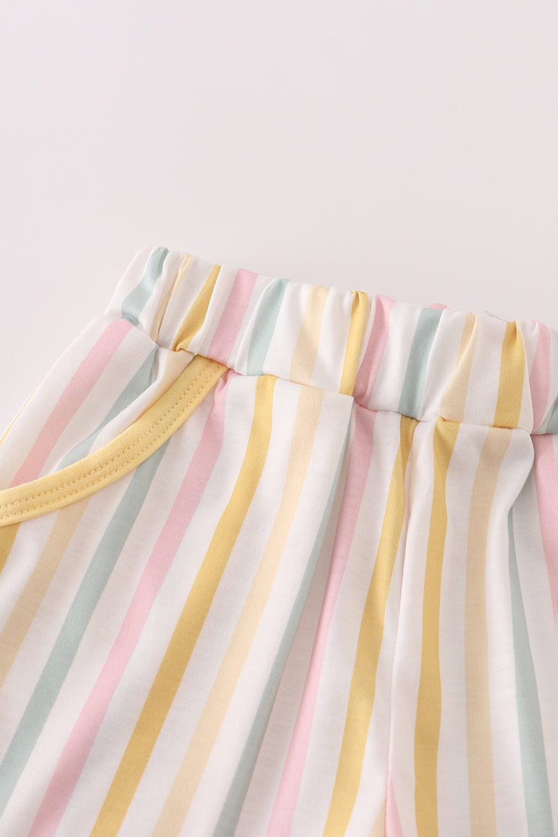Bright and cheerful rainbow stripe shorts set, perfect for playful summer days.