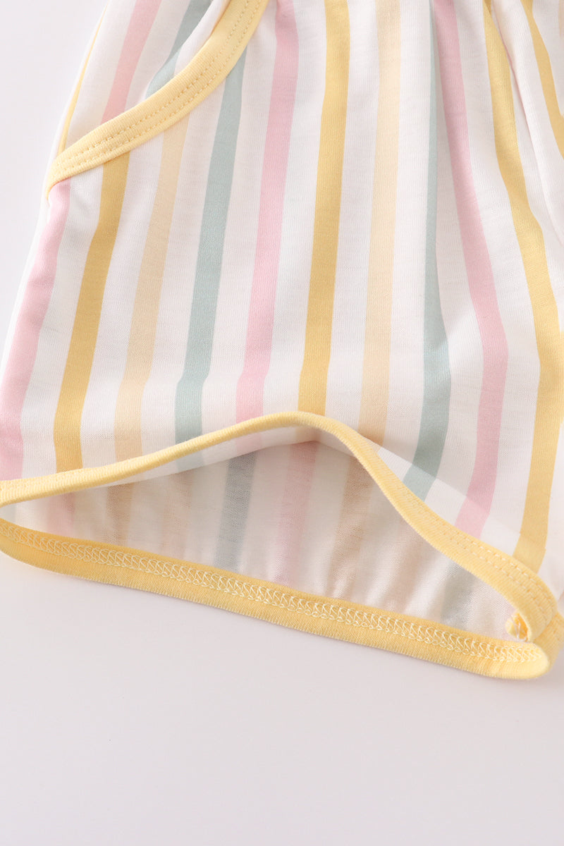 Bright and cheerful rainbow stripe shorts set, perfect for playful summer days.