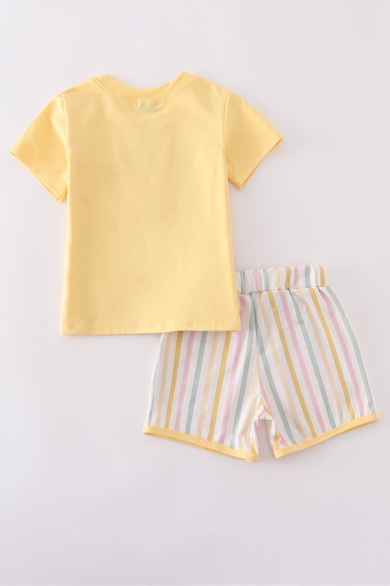 Bright and cheerful rainbow stripe shorts set, perfect for playful summer days.