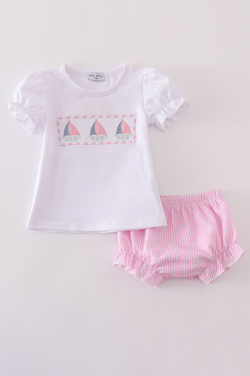Pink stripe seersucker bloomer set with sailboat embroidery, perfect for summer fun.