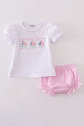 Pink stripe seersucker bloomer set with sailboat embroidery, perfect for summer fun.
