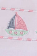 Pink stripe seersucker bloomer set with sailboat embroidery, perfect for summer fun.
