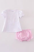 Pink stripe seersucker bloomer set with sailboat embroidery, perfect for summer fun.