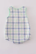 A charming green seersucker bubble with sailboat embroidery, perfect for summer fun.