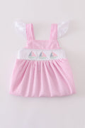 Pink stripe seersucker dress with sailboat embroidery and smocked bodice, perfect for summer.