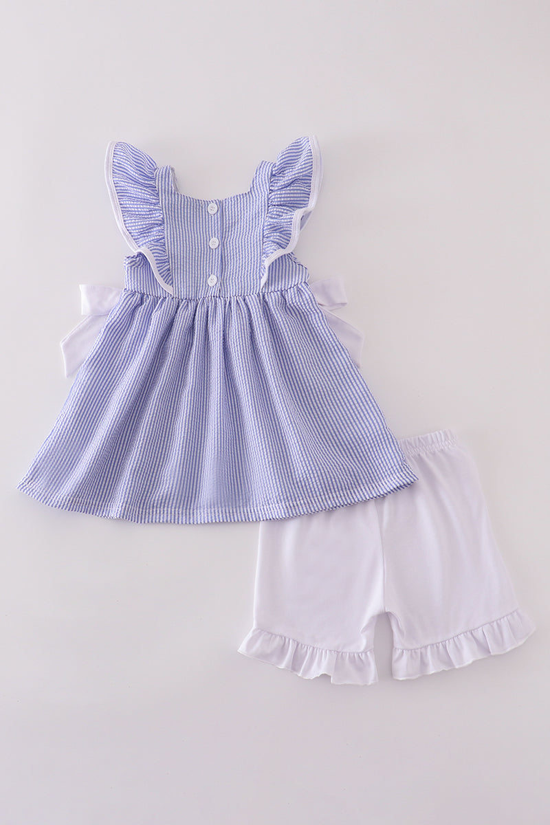 Blue stripe seersucker shorts set for kids, perfect for summer adventures.