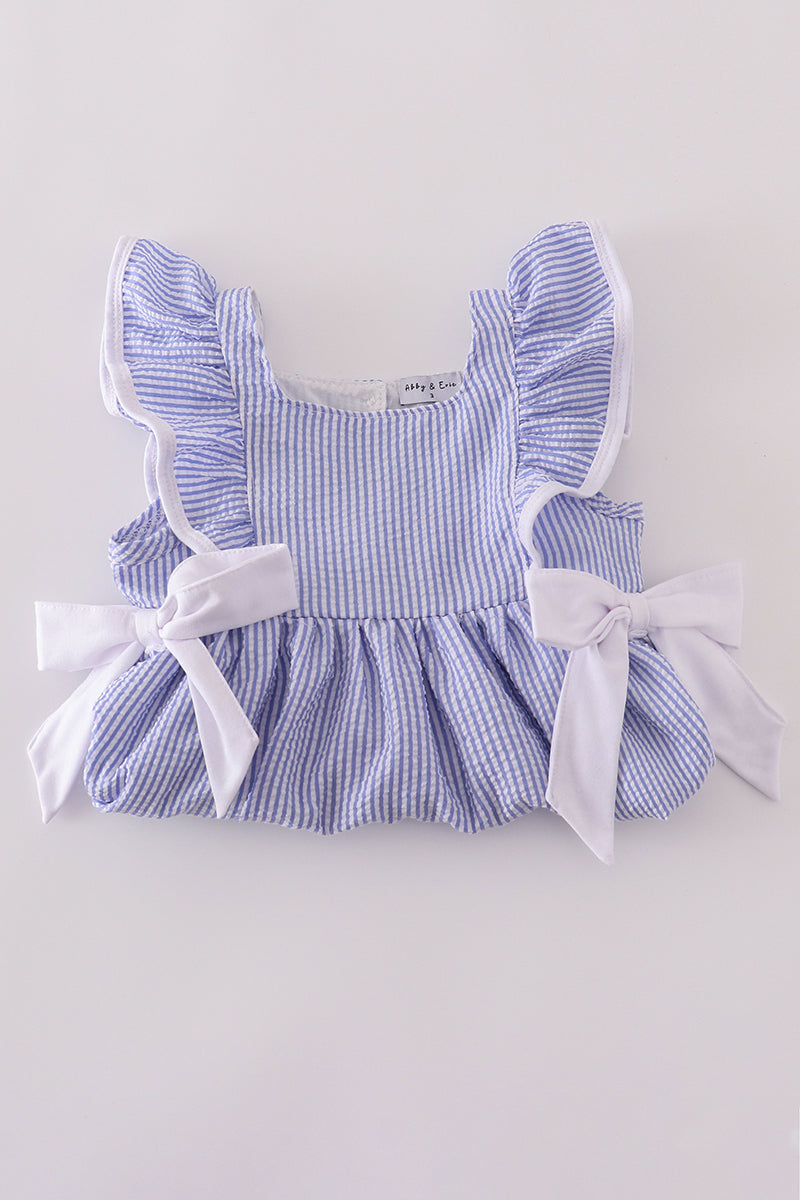 Blue stripe seersucker shorts set for kids, perfect for summer adventures.