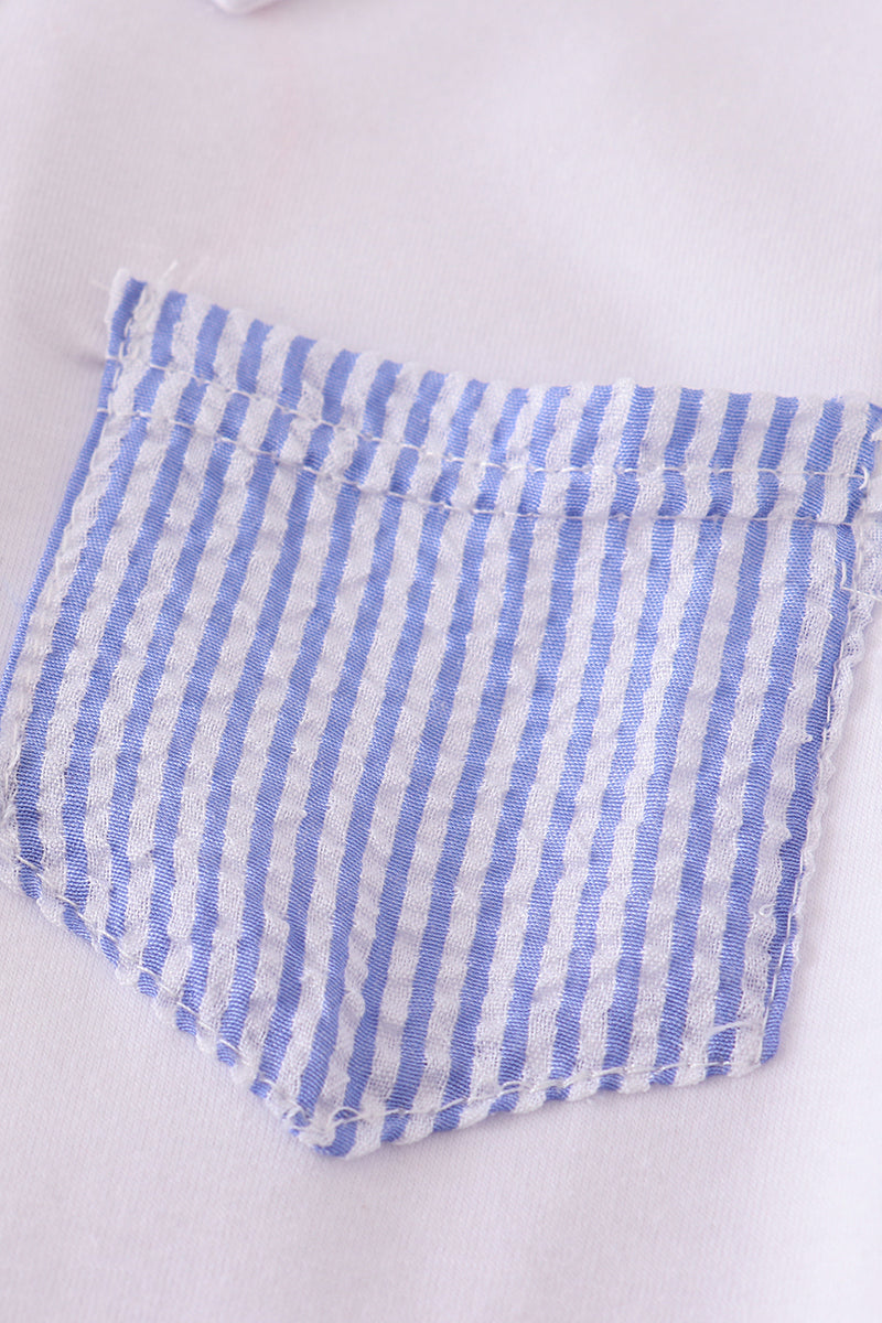 Blue stripe seersucker shorts set with playful summer vibes for kids.