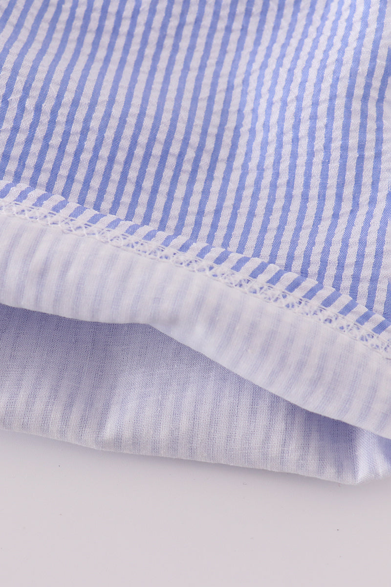 Blue stripe seersucker shorts set with playful summer vibes for kids.