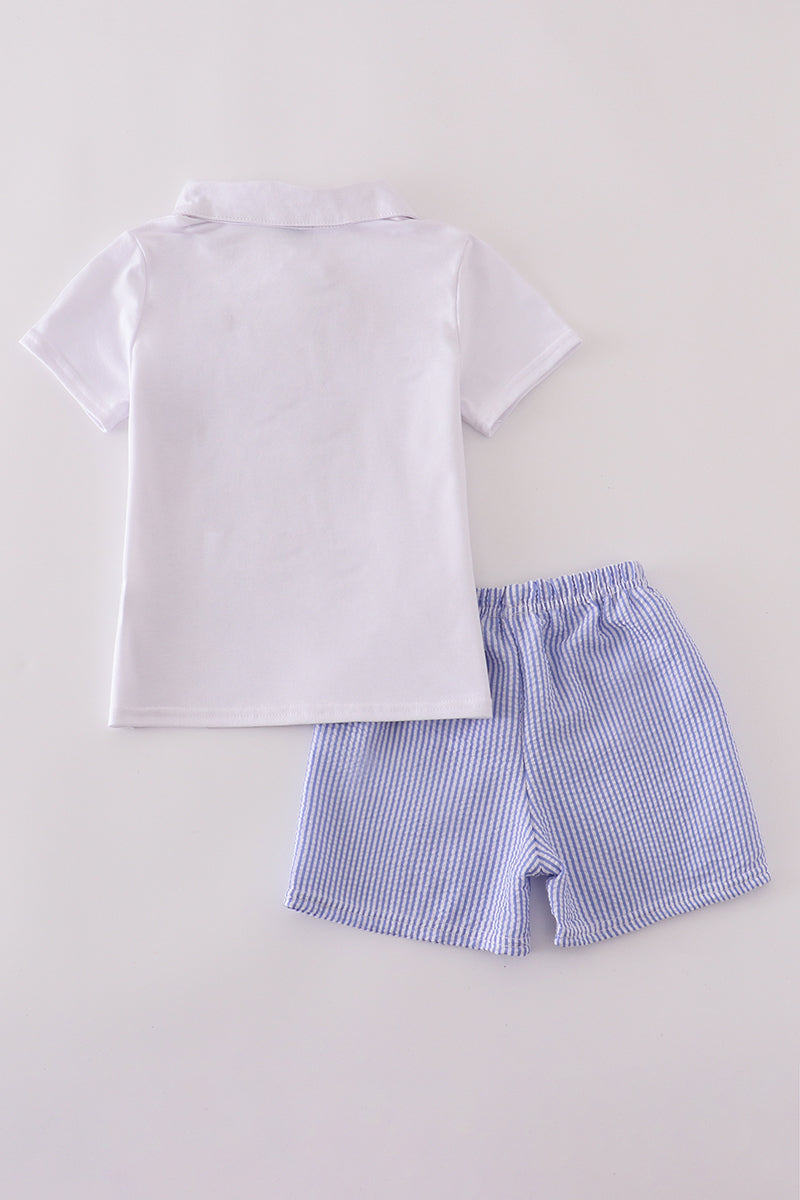 Blue stripe seersucker shorts set with playful summer vibes for kids.