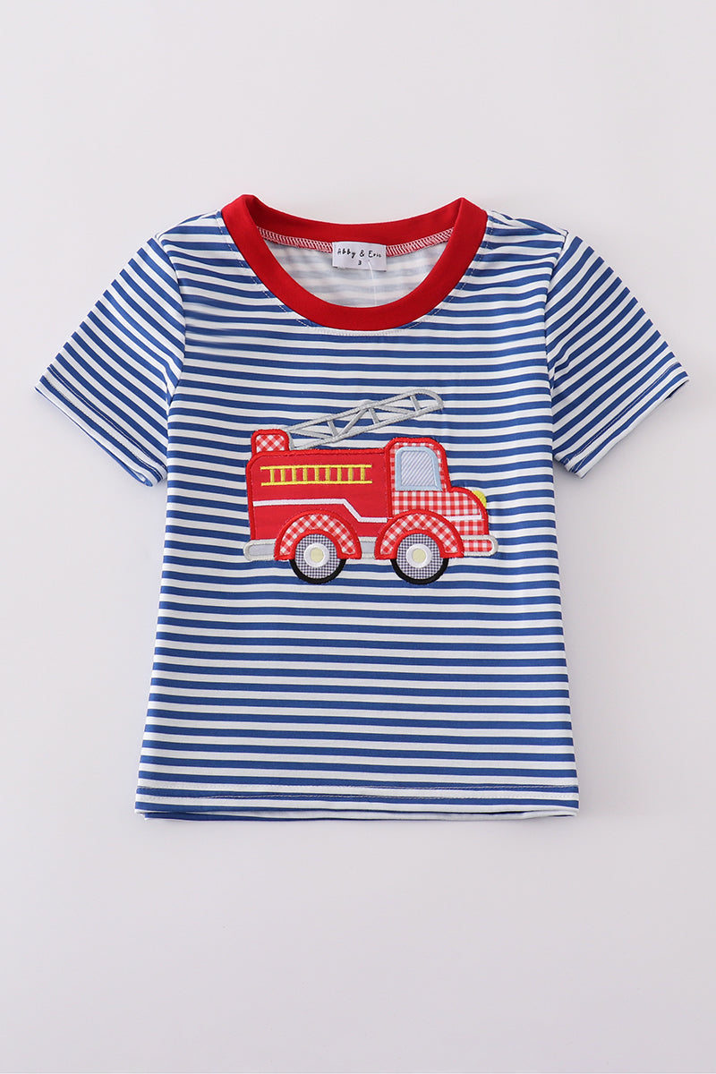 Blue striped top with a playful fire truck applique, perfect for kids.