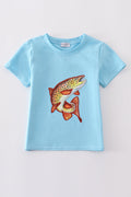 Blue fish applique top: vibrant, playful design on soft, comfy fabric for kids.