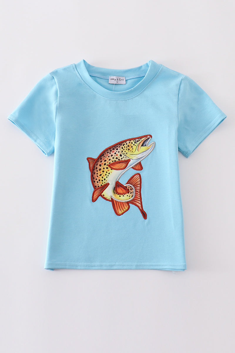 Blue fish applique top: vibrant, playful design on soft, comfy fabric for kids.