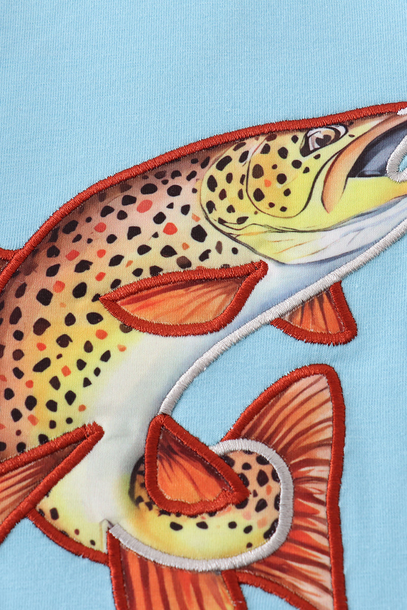 Blue fish applique top: vibrant, playful design on soft, comfy fabric for kids.