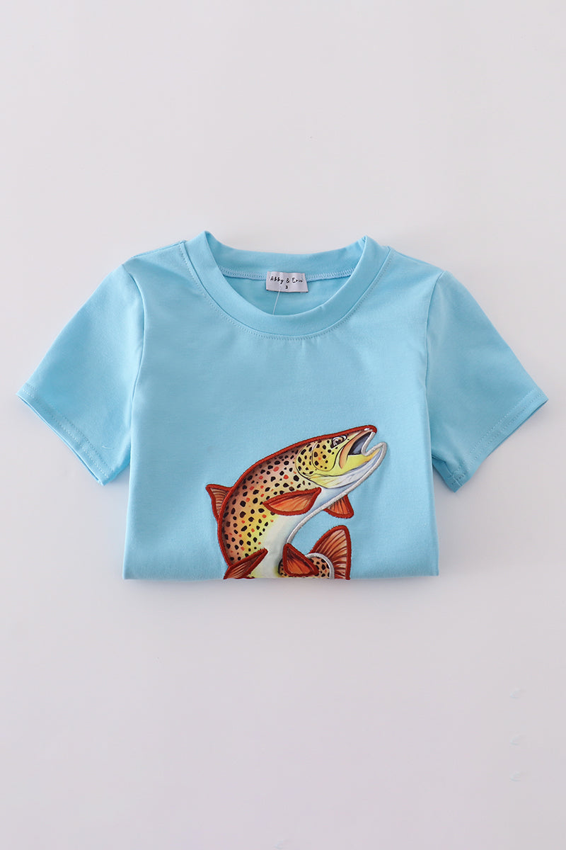 Blue fish applique top: vibrant, playful design on soft, comfy fabric for kids.