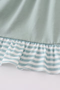 Sage green striped dress with flutter sleeves and ruffle trim, perfect for playdates.