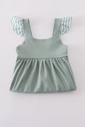 Sage green striped dress with flutter sleeves and ruffle trim, perfect for playdates.