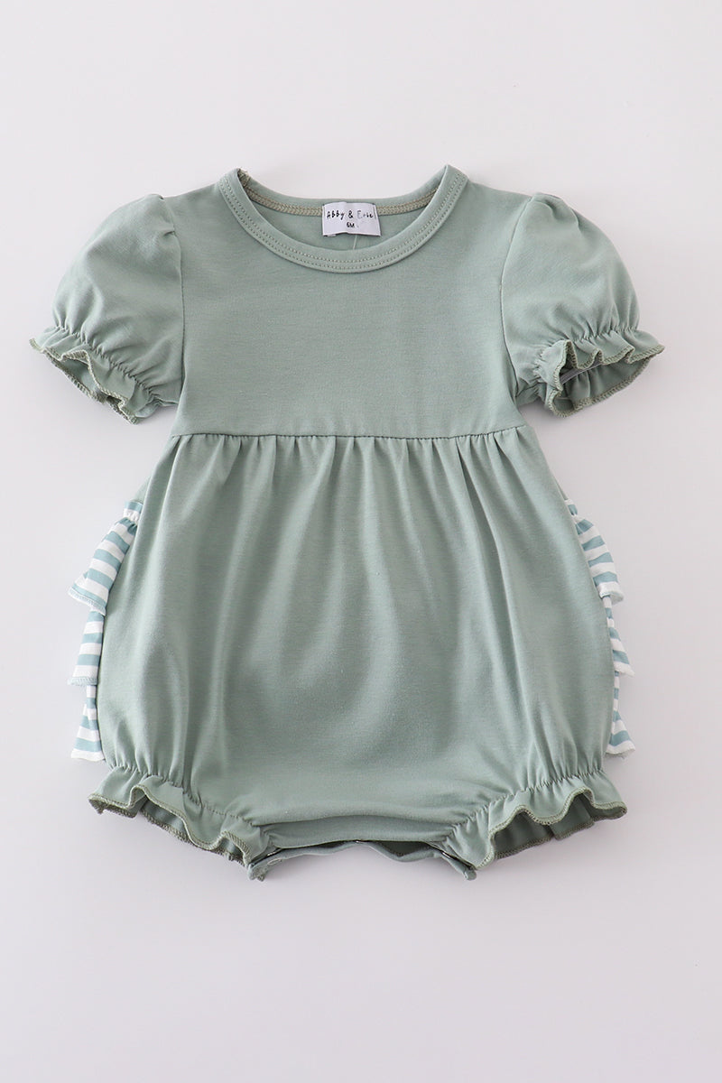 A charming sage green bubble romper with playful white stripes and ruffled sleeves.