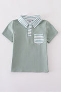 Sage stripe button down shirt with playful green and white pattern.