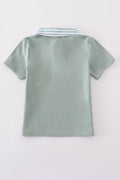 Sage stripe button down shirt with playful green and white pattern.