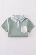 Sage stripe button down shirt with playful green and white pattern.