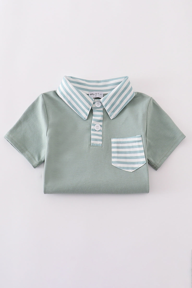 Sage stripe button down shirt with playful green and white pattern.