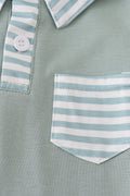 Sage stripe button down shirt with playful green and white pattern.