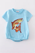 Blue fish applique bubble romper with playful aquatic design, perfect for summer fun.